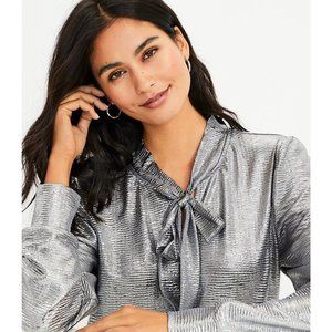 Loft Shimmer Knit Bow Neck Blouse Metallic L